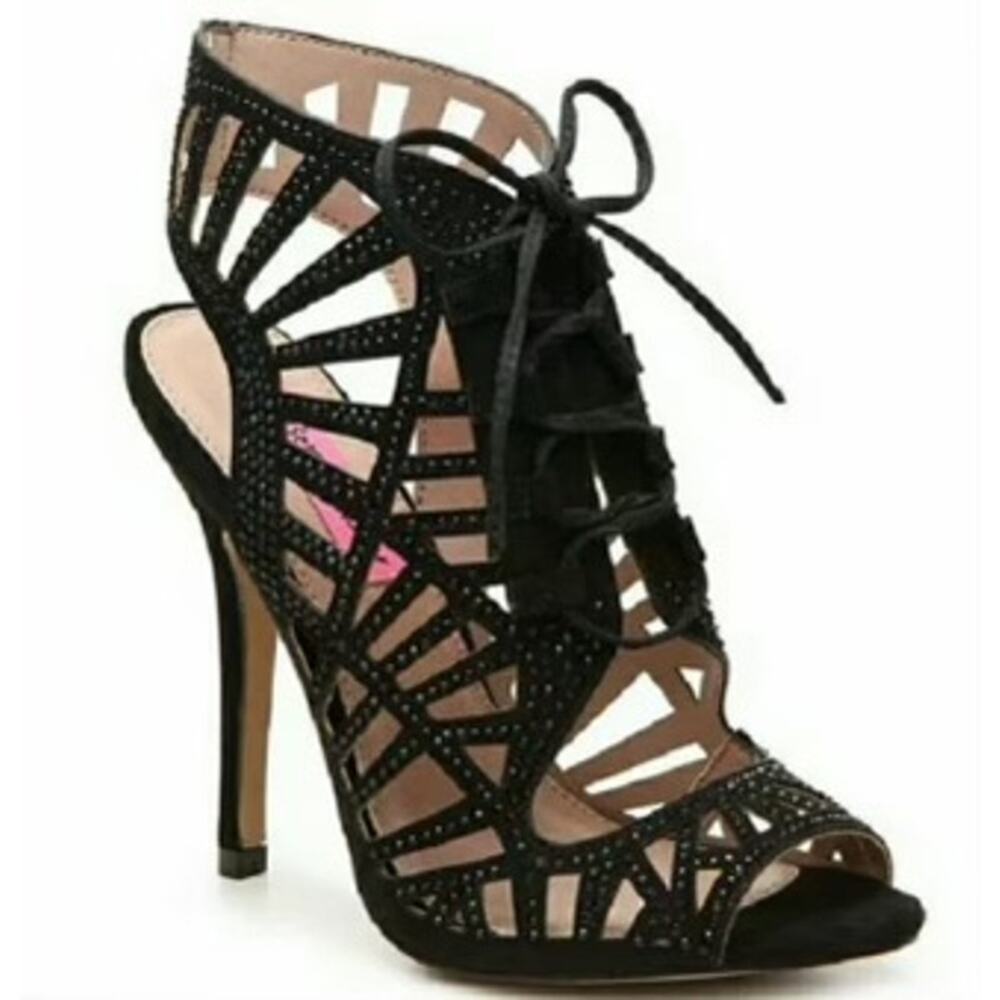 #BETSEY JOHNSON Lexxe Lace Up Rhinestone Cage Heels Black Size 7